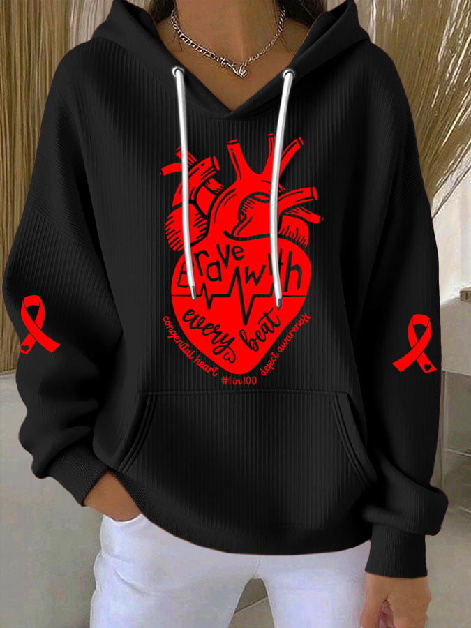 Women's Heart Disease Awareness Brave with every beat Print Long-Sleeve Hooded Sweatshirt