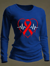 Women's Casual Heart Disease Awareness Print Long-Sleeve T-Shirt