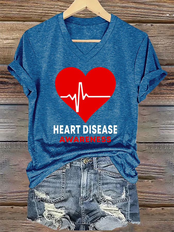 Women's Casual Heart Disease Awareness Printed Short-Sleeve T-Shirt