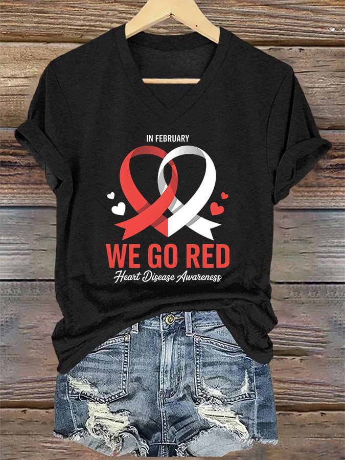 Women's Casual Heart Disease Awareness Printed Short-Sleeve T-Shirt
