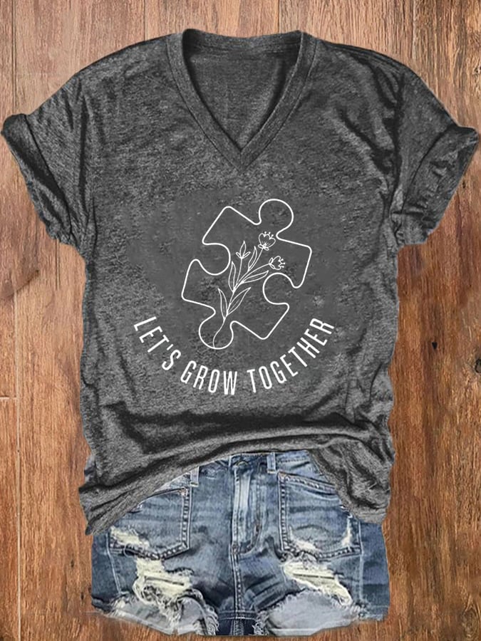 Women'S Autism Let's Grow Gogether Print  V Neck Casual T-Shirt