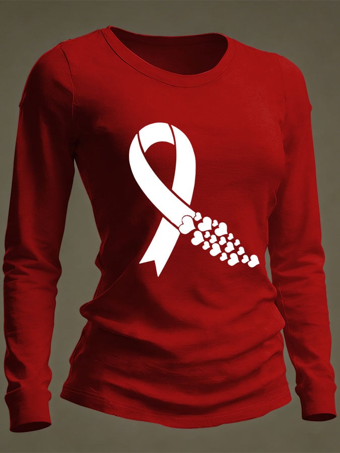 Women's Casual Heart Disease Awareness Print Long-Sleeve T-Shirt