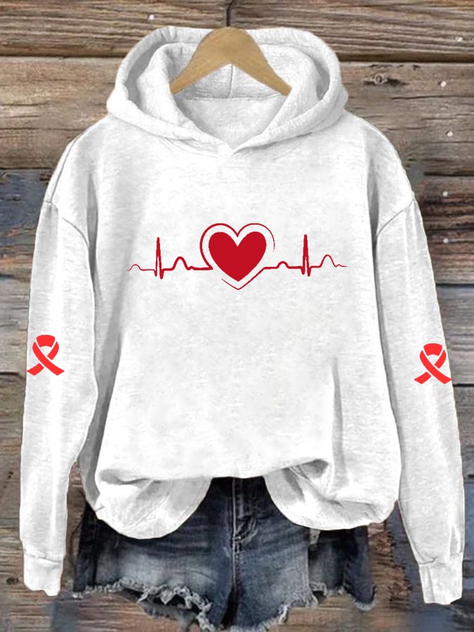 Women's Casual Heart Disease Awareness Print Hoodie