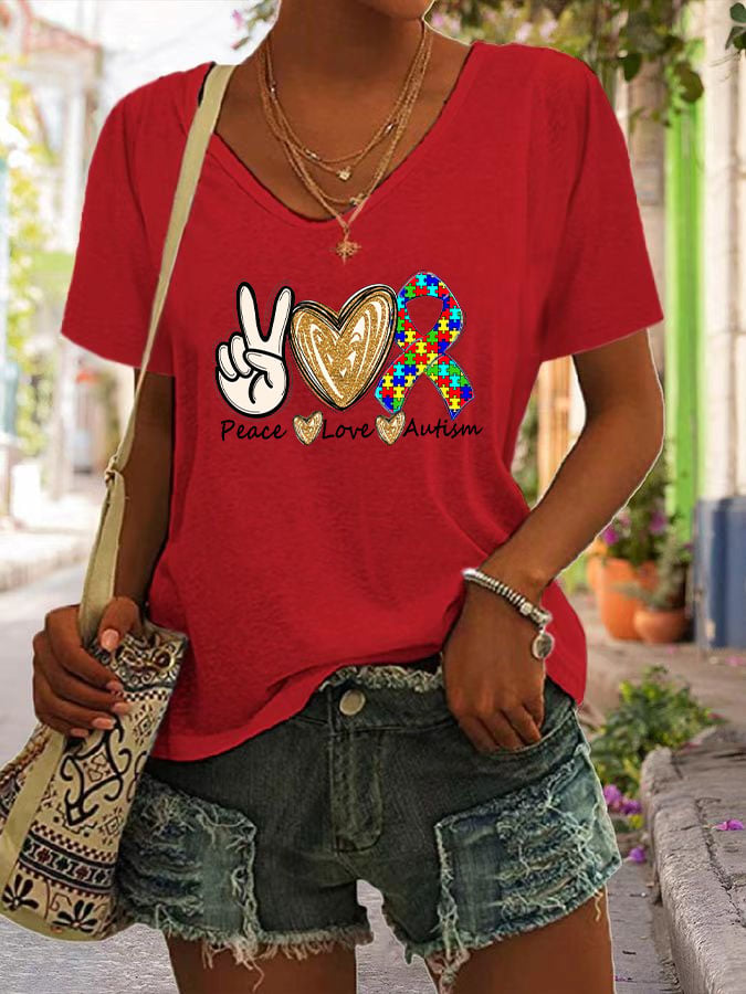 Women's Peace love Autism V Neck Short Sleeve T-Shirt