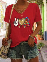 Women's Peace love Autism V Neck Short Sleeve T-Shirt