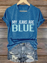 🔥Buy 3 Get 15% Off🔥V-Neck Retro My Jeans Are Blue Print T-Shirt