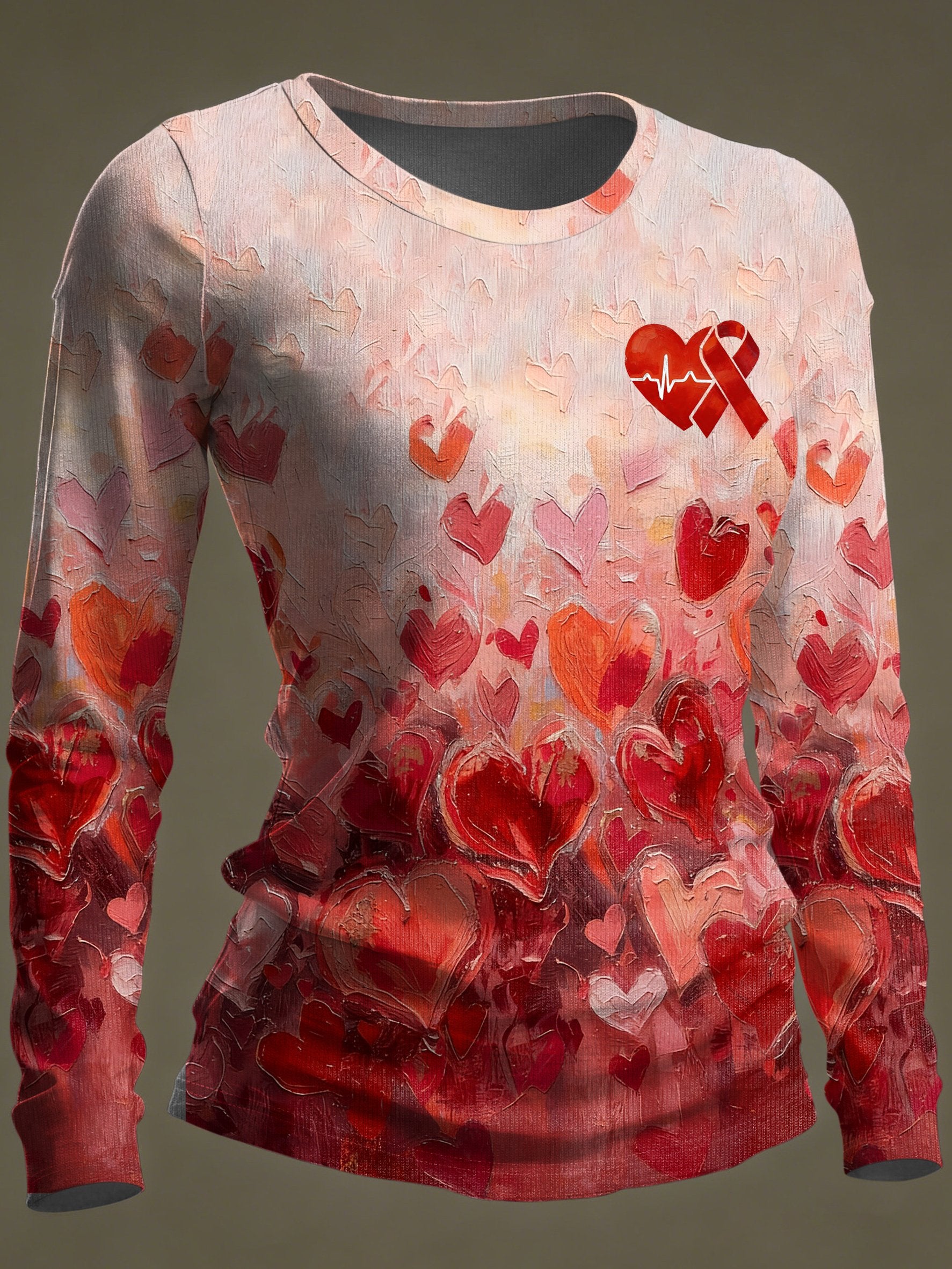 Women's casual oil painting-style heart disease awareness long-sleeved T-shirt