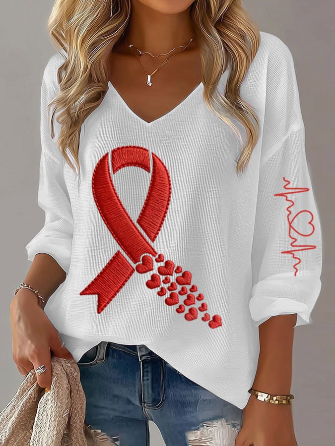 Women's Heart Disease Awareness Print Waffle Long Sleeve T-Shirt