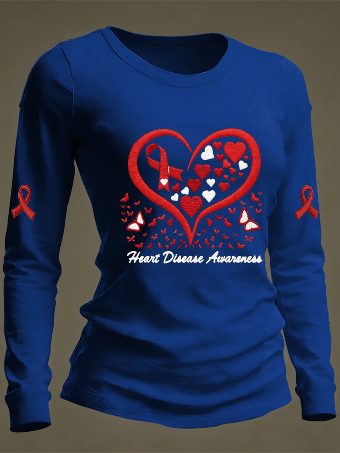 Women's Casual Heart Disease Awareness Print Long-Sleeve T-Shirt