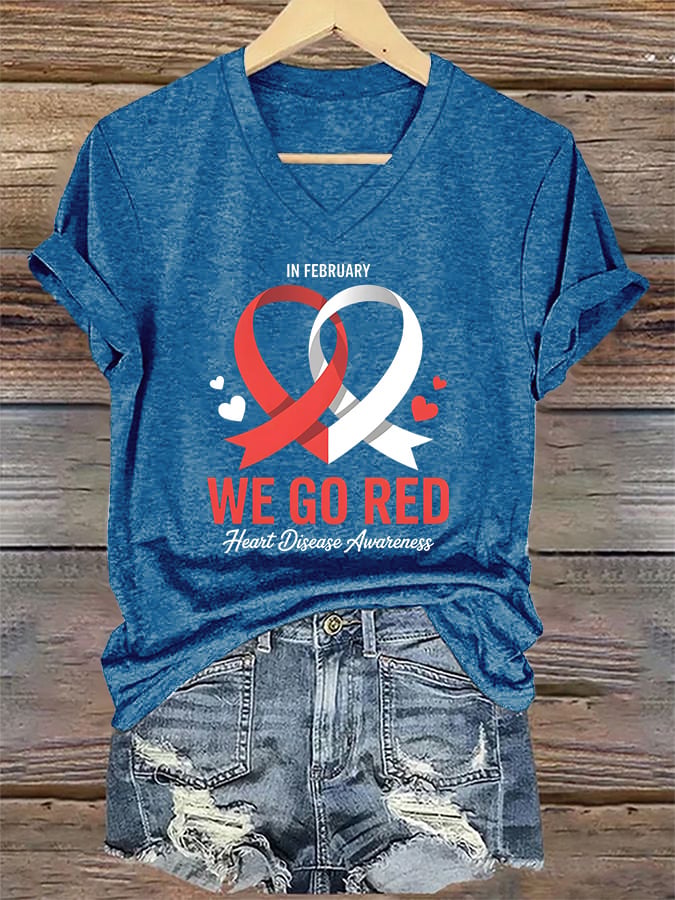 Women's Casual Heart Disease Awareness Printed Short-Sleeve T-Shirt
