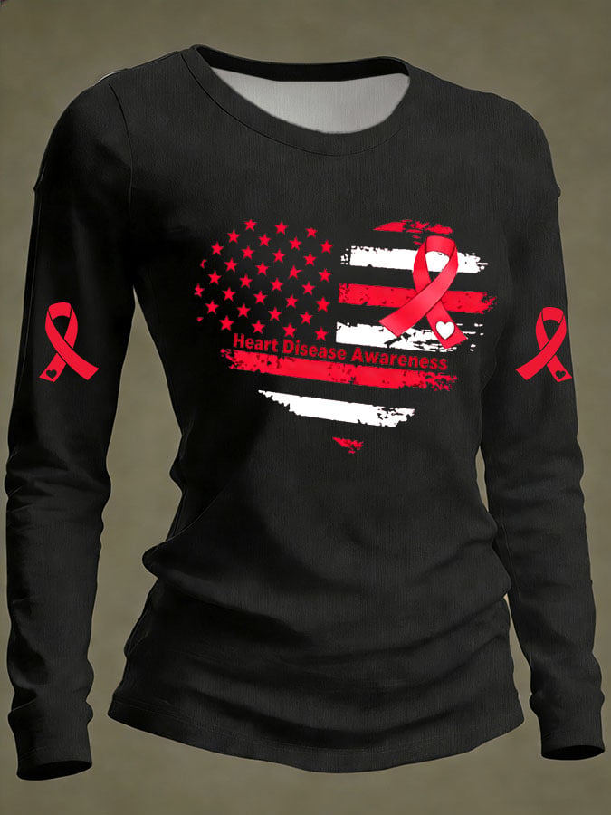 Women's Casual Heart Disease Awareness Print Long-Sleeve T-Shirt