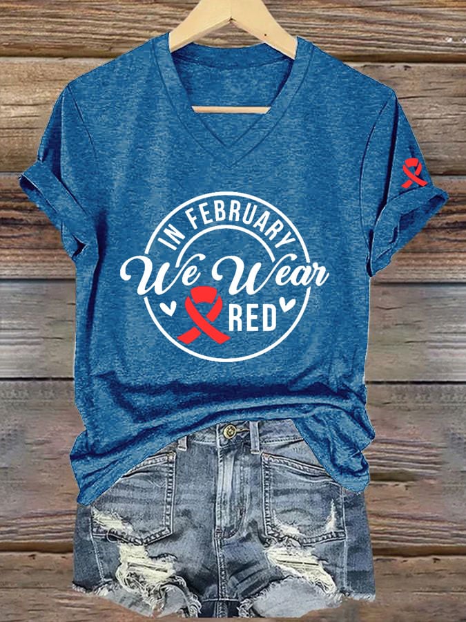 Women's Casual Heart Disease Awareness Printed Short-Sleeve T-Shirt