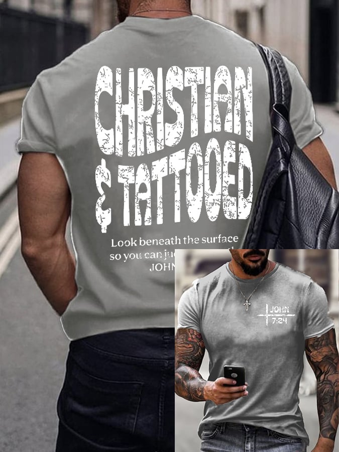 Men'S Casual John 7:24 Christian and Tattooed Print Short Sleeve T-Shirt