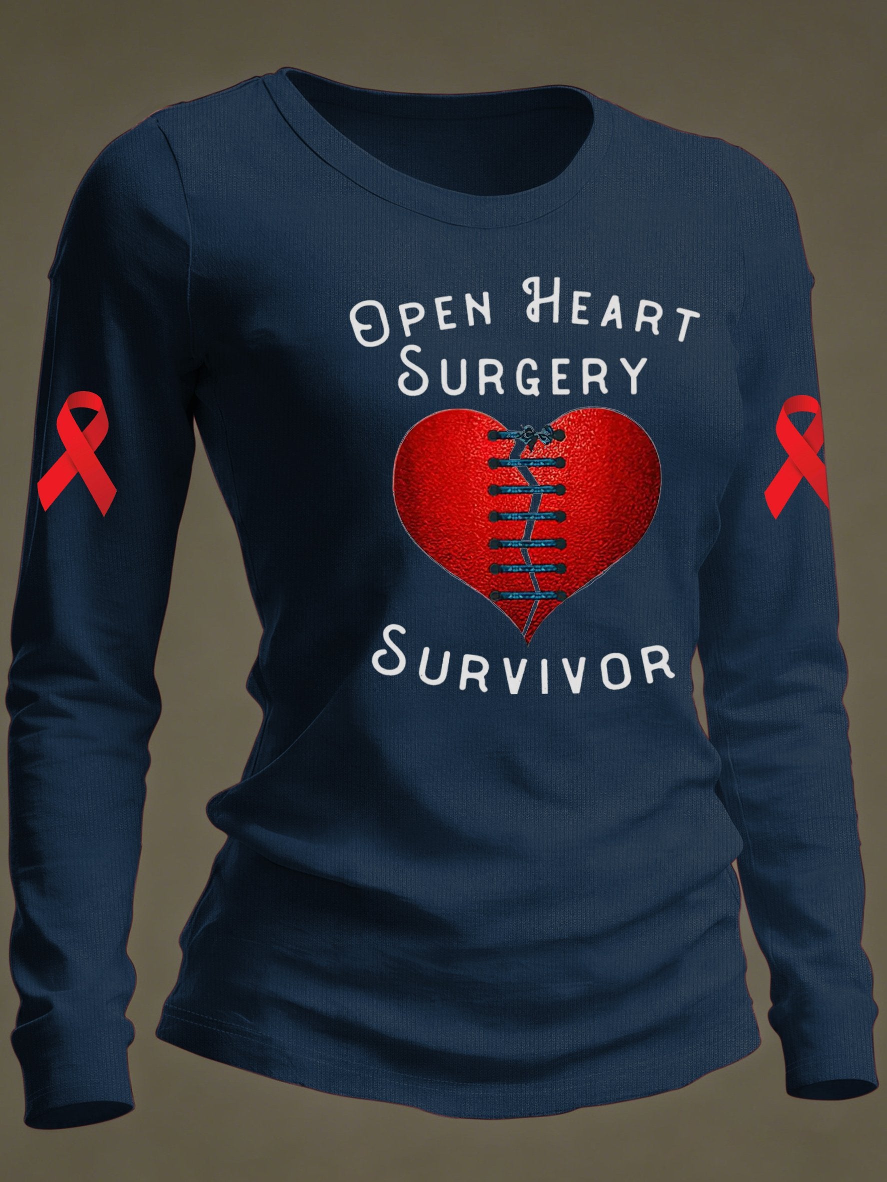 Women's casual long-sleeved T-shirt with "OPEN HEART SURGERY SURVIVOR" print