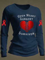Women's casual long-sleeved T-shirt with "OPEN HEART SURGERY SURVIVOR" print
