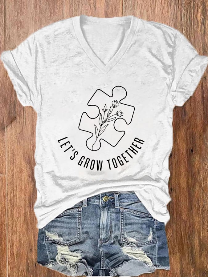Women'S Autism Let's Grow Gogether Print  V Neck Casual T-Shirt