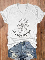 Women'S Autism Let's Grow Gogether Print  V Neck Casual T-Shirt