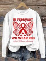 Women's Casual Heart Disease Awareness In February Wear Red Printed Long-Sleeve Sweatshirt