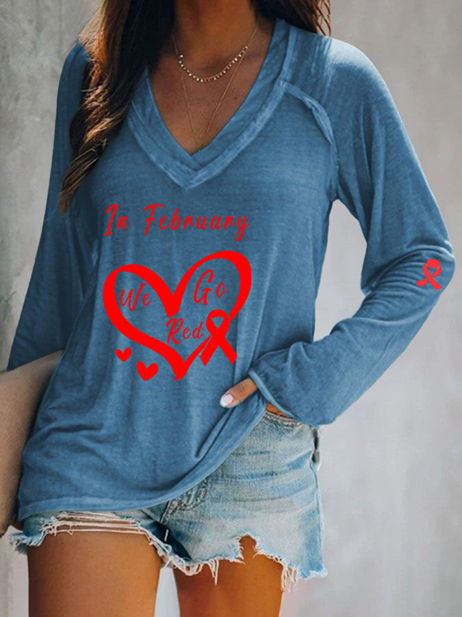 Women's Casual Heart Disease Awareness Printed Long Sleeve Top