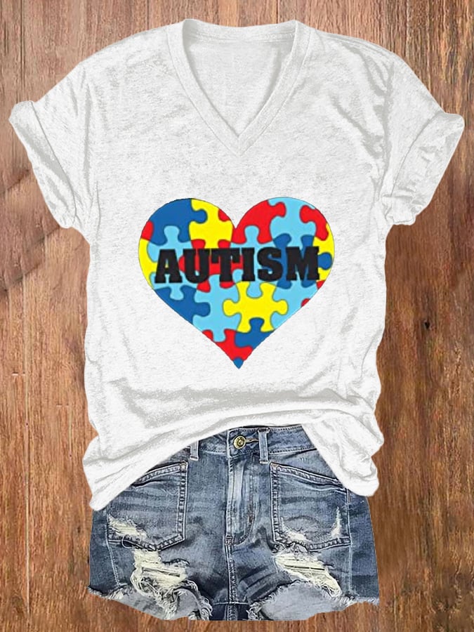 Women'S Autism Print  V Neck Casual T-Shirt
