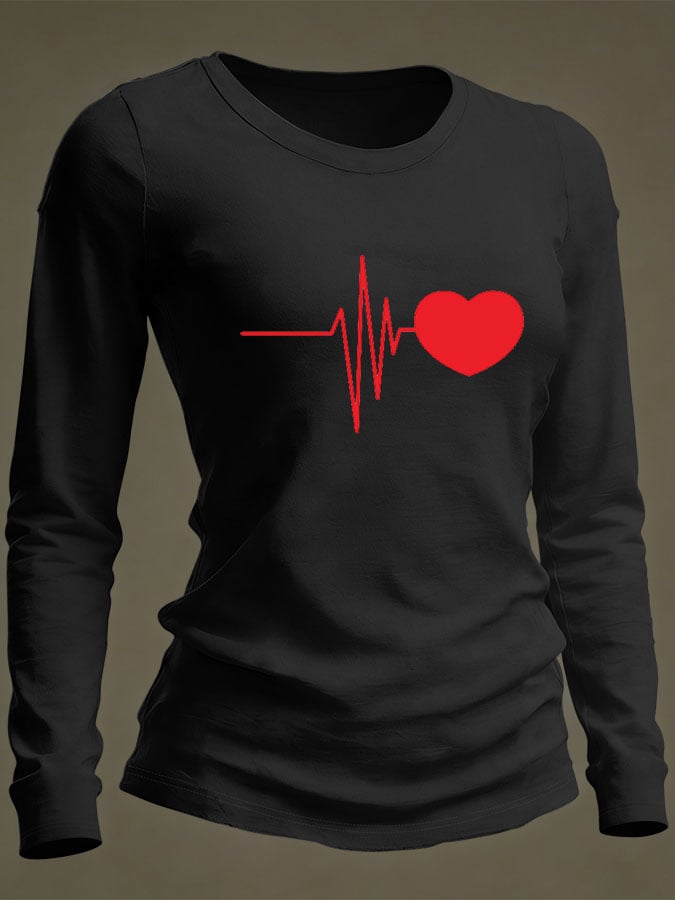 Women's Casual Heart Disease Awareness Print Long-Sleeve T-Shirt