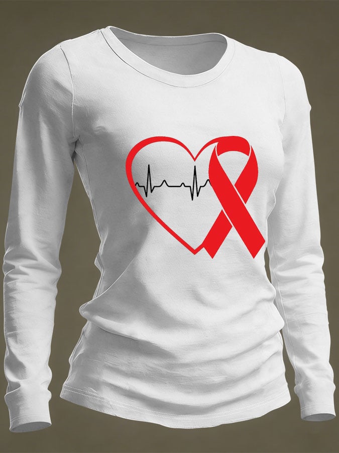 Women's Casual Heart Disease Awareness Print Long-Sleeve T-Shirt
