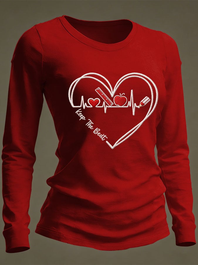Women's Casual Heart Disease Awareness Print Long-Sleeve T-Shirt