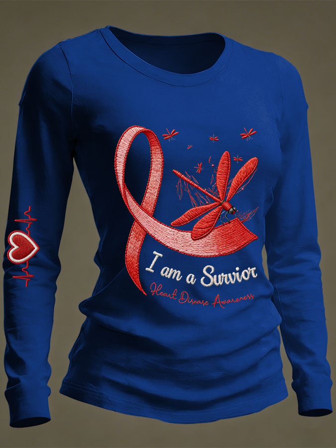Women's Casual Heart Disease Awareness Print Long-Sleeve T-Shirt