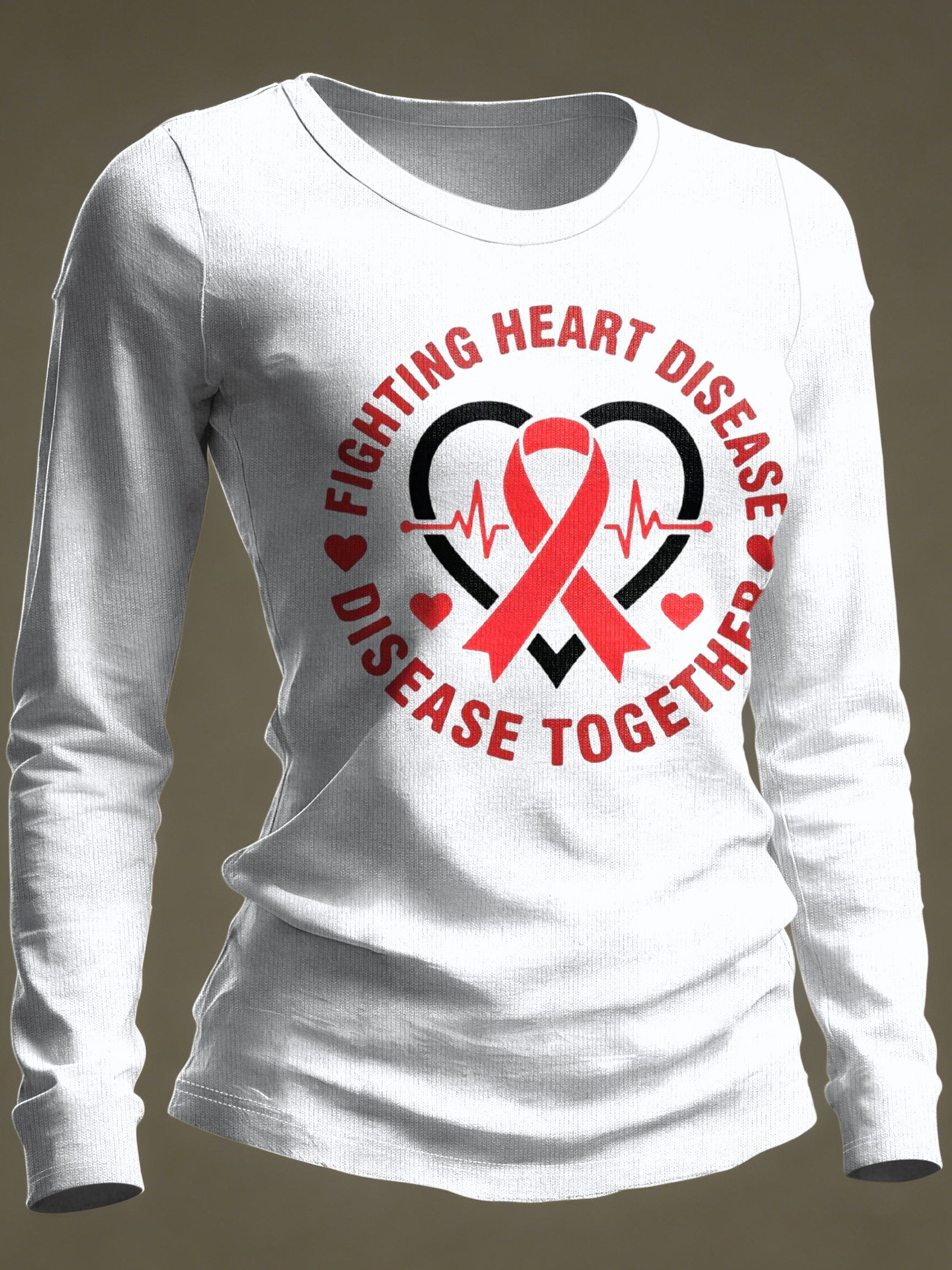 Women's Casual Heart Disease Awareness Print Long-Sleeve T-Shirt