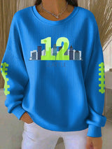Women's Rugby Print Knit Crew Neck Long Sleeve Top