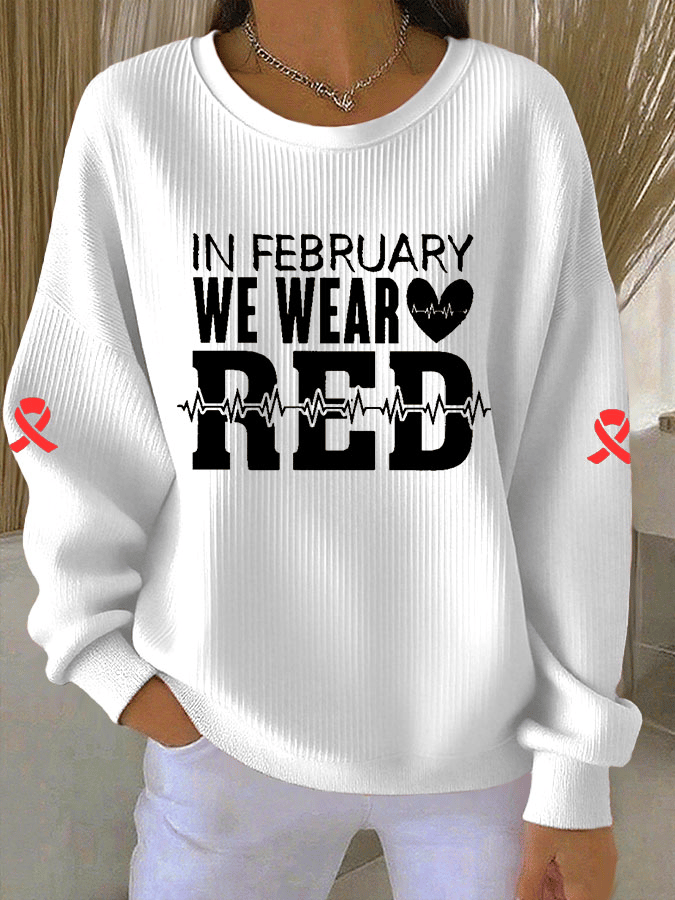 Women's Casual Heart Disease Awareness Print Long Sleeve Knit Top