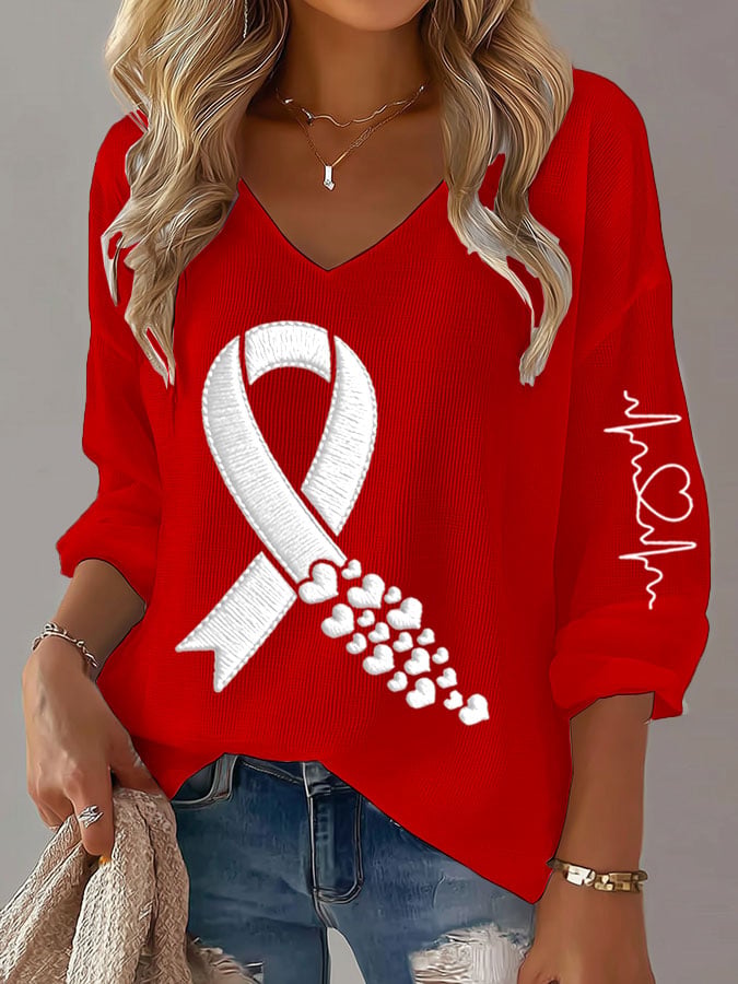 Women's Heart Disease Awareness Print Waffle Long Sleeve T-Shirt