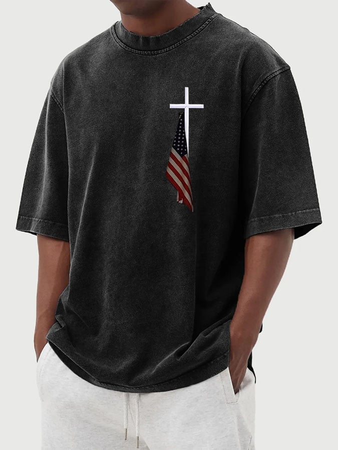 Men's Vintage Flag Cross Print Cotton Washed T-Shirt