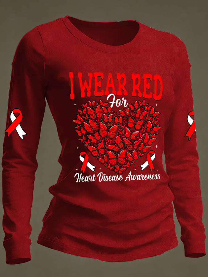 Women's Casual Heart Disease Awareness Print Long-Sleeve T-Shirt