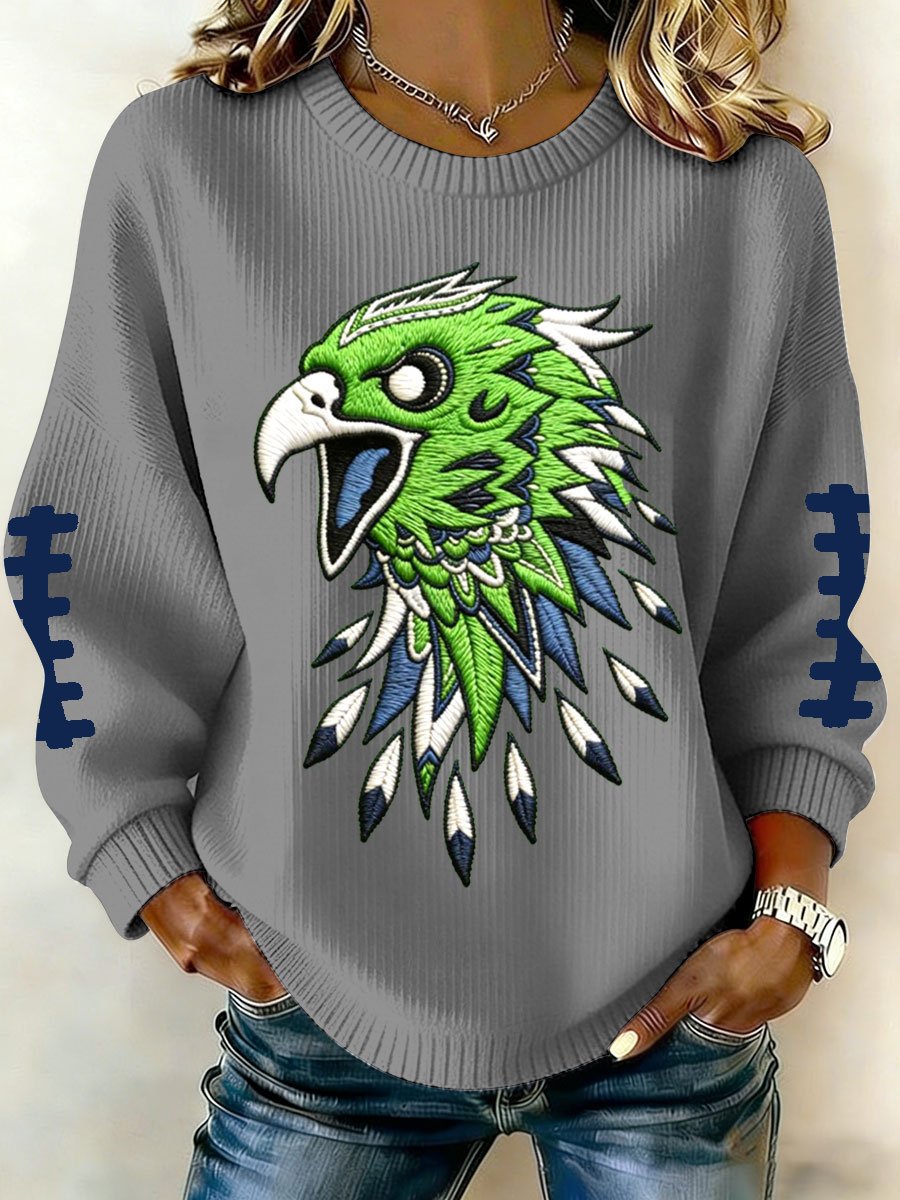 Women's Football Print Knit Crew Neck Long Sleeve Top