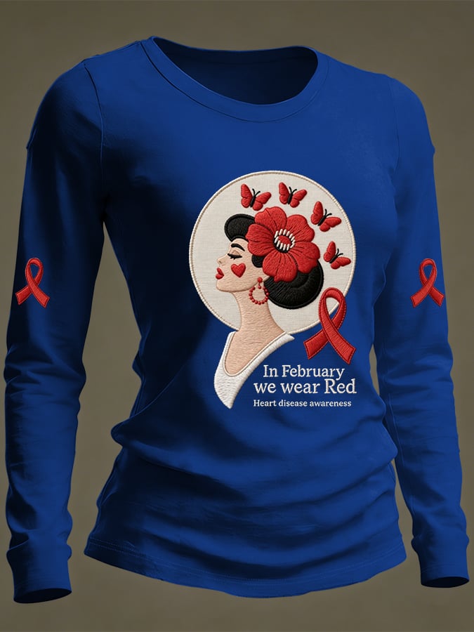 Women's Casual Heart Disease Awareness Print Long-Sleeve T-Shirt