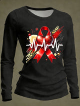 Women's Casual Heart Disease Awareness Print Long-Sleeve T-Shirt
