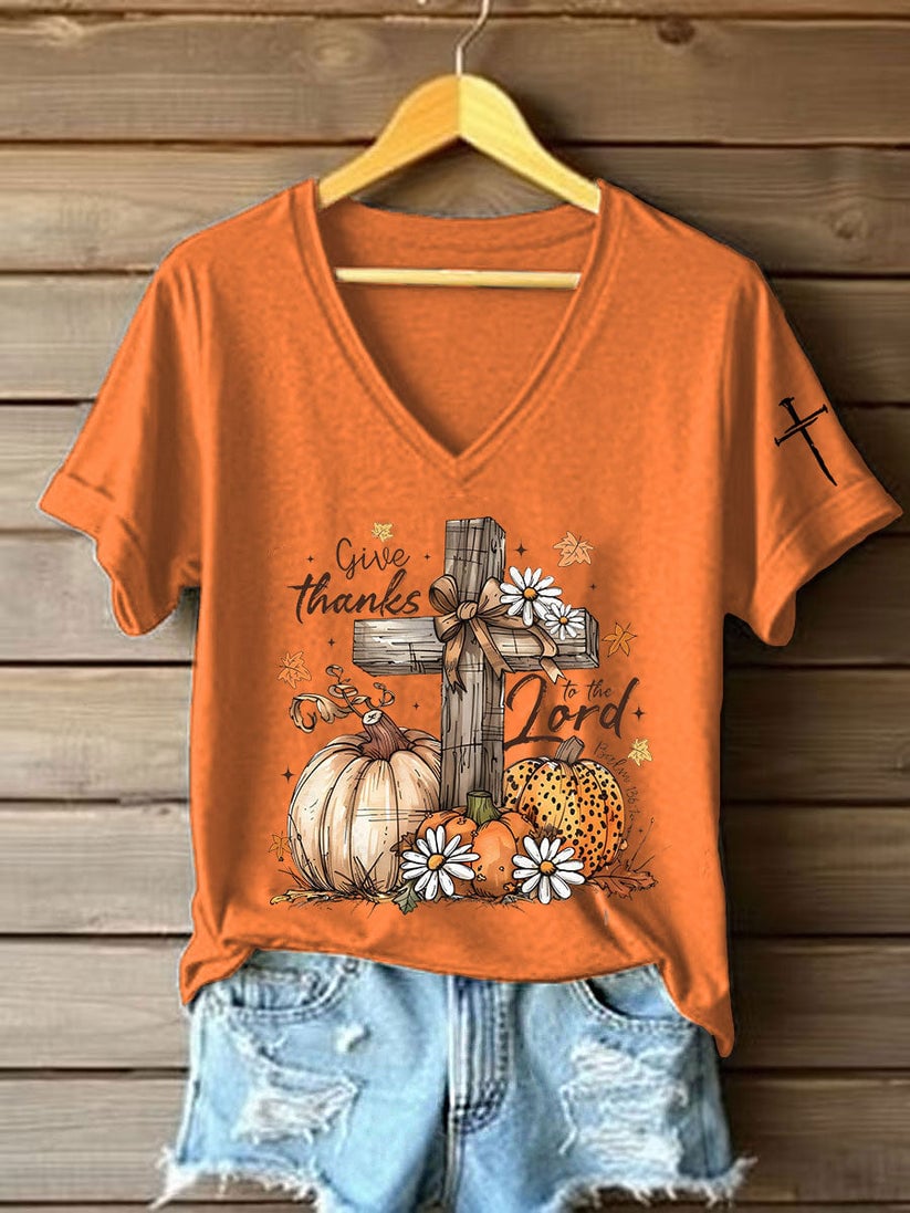 Women's Casual Autumn Faith Pumpkin Print T-shirt