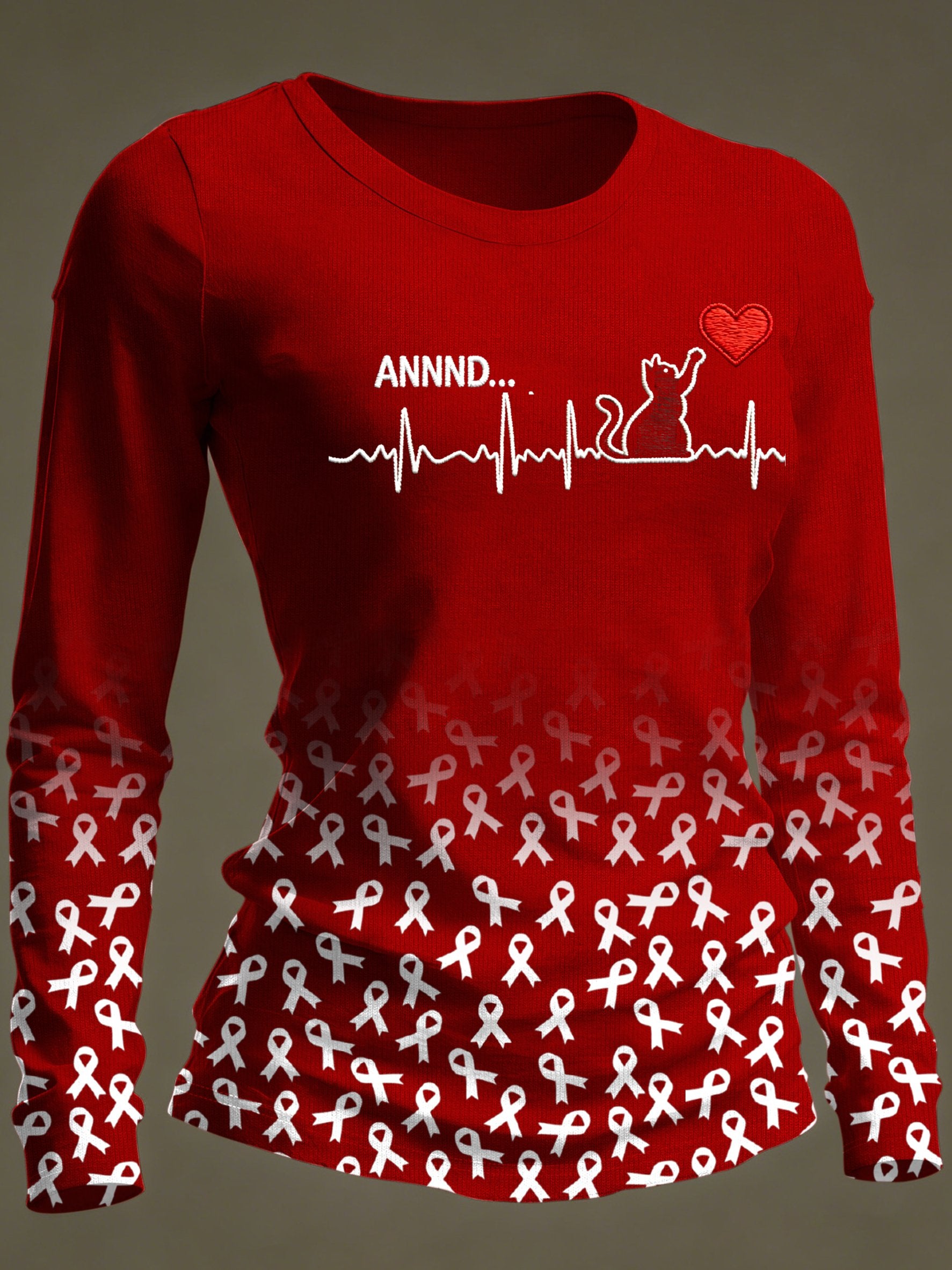Women's Casual Heart Disease Awareness Print Long-Sleeve T-Shirt