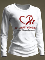 Women's Casual Heart Disease Awareness Print Long-Sleeve T-Shirt