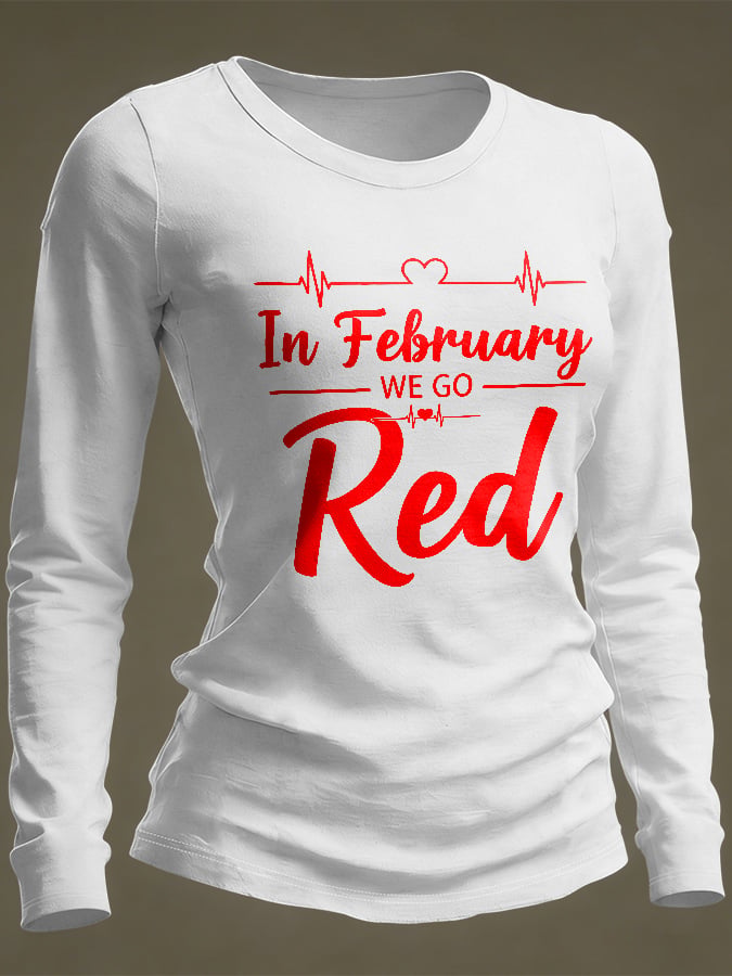Women's Casual Heart Disease Awareness Print Long-Sleeve T-Shirt