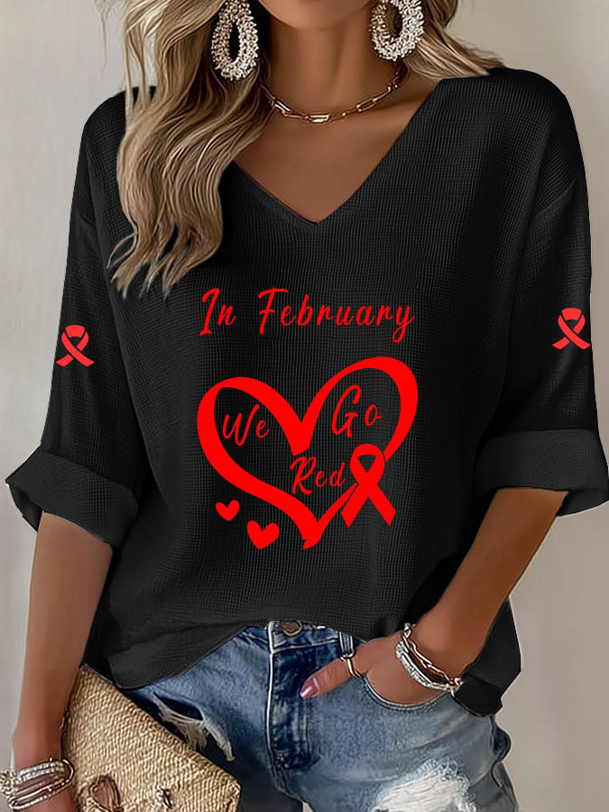 Women'S Casual Heart Disease Awareness Print Short-Sleeved T-Shirt