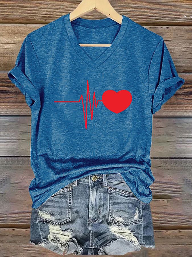 Women's Casual Heart Disease Awareness Printed Short-Sleeve T-Shirt