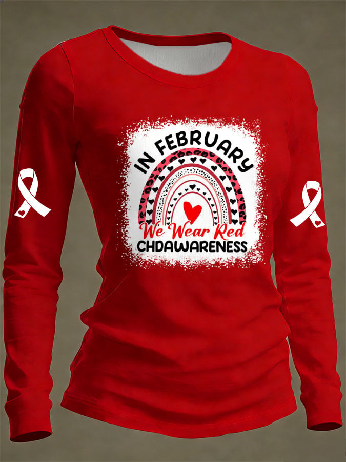 Women's Casual Heart Disease Awareness IN FEBRUARY We Wear Red Print Long-Sleeve T-Shirt