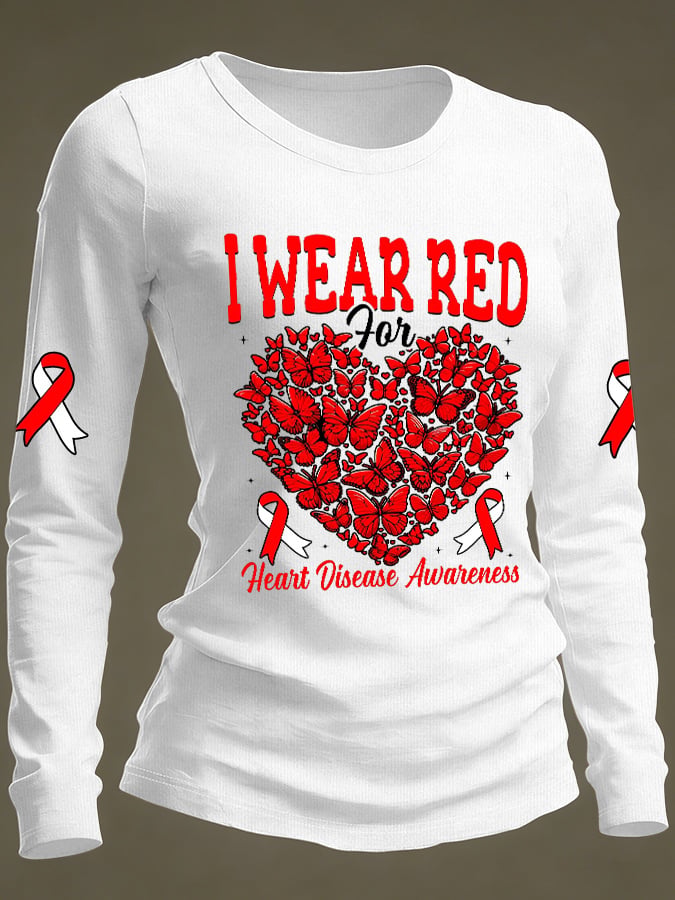 Women's Casual Heart Disease Awareness Print Long-Sleeve T-Shirt