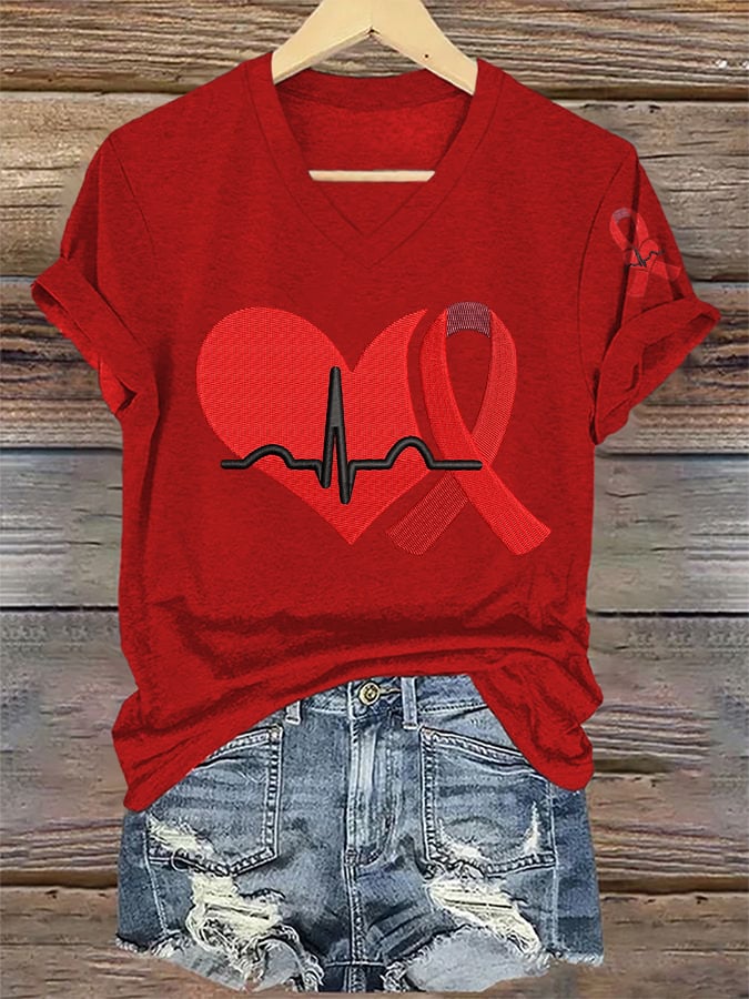 Women's Casual Heart Disease Awareness Printed Short-Sleeve T-Shirt