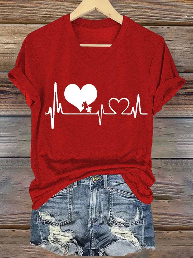 Women's Casual Heart Disease Awareness Printed Short-Sleeve T-Shirt