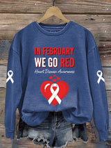 Women's Casual Heart Disease Awareness In February Wear Red Printed Long-Sleeve Sweatshirt