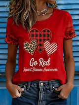 Women's casual red T-shirt with abstract floral art design