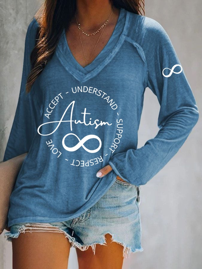 V-neck Retro Autism Print T-Shirt